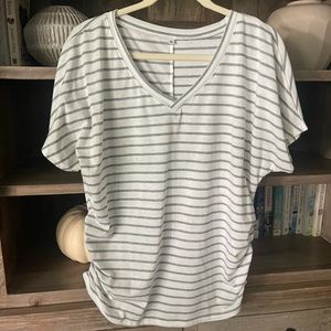 Gray and White striped v neck T.  Ruched sides. Size large